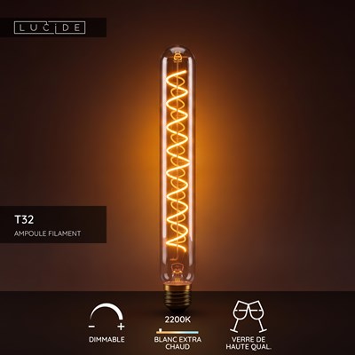 Lucide T32 - Ampoule filament - Ø 3,2 cm - LED Dim. - E27 - 1x4,9W 2200K - Ambre